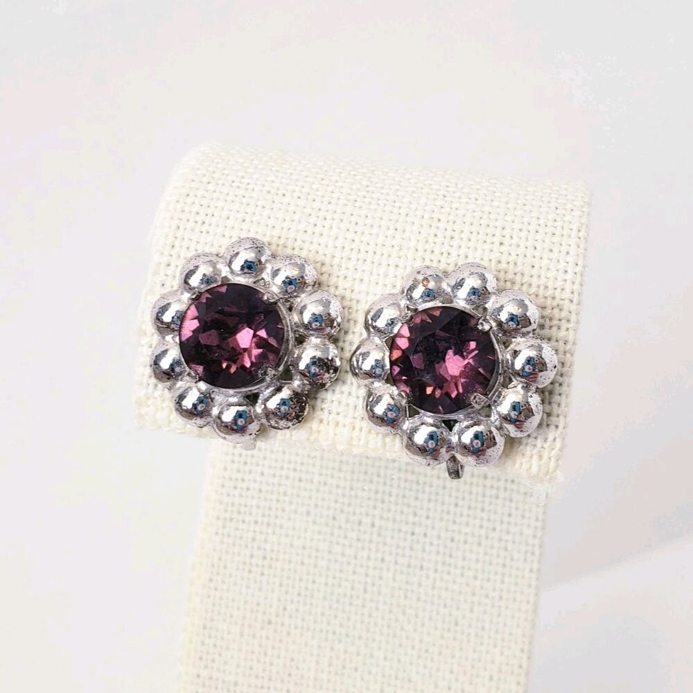 Vintage Bond Boyd Ster Amethyst Glass Sterling Screw Back Earrings Floral Canada